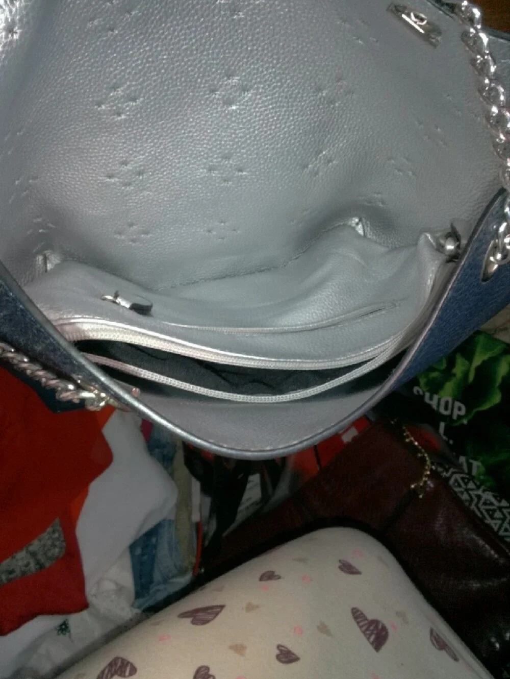 Studded Navy Leather Shoulder Bag with Silver Chain - Picture 4 of 4
